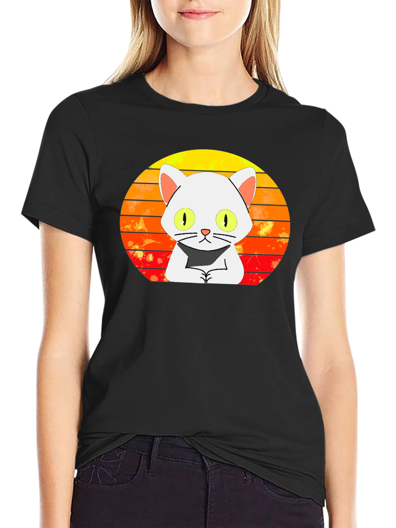 Sunset Cat Graphic Tee - Unique Design Black T-Shirt