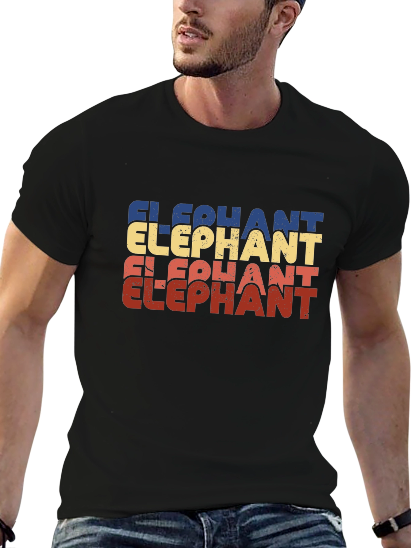 Retro Elephant Graphic Print Black T-Shirt