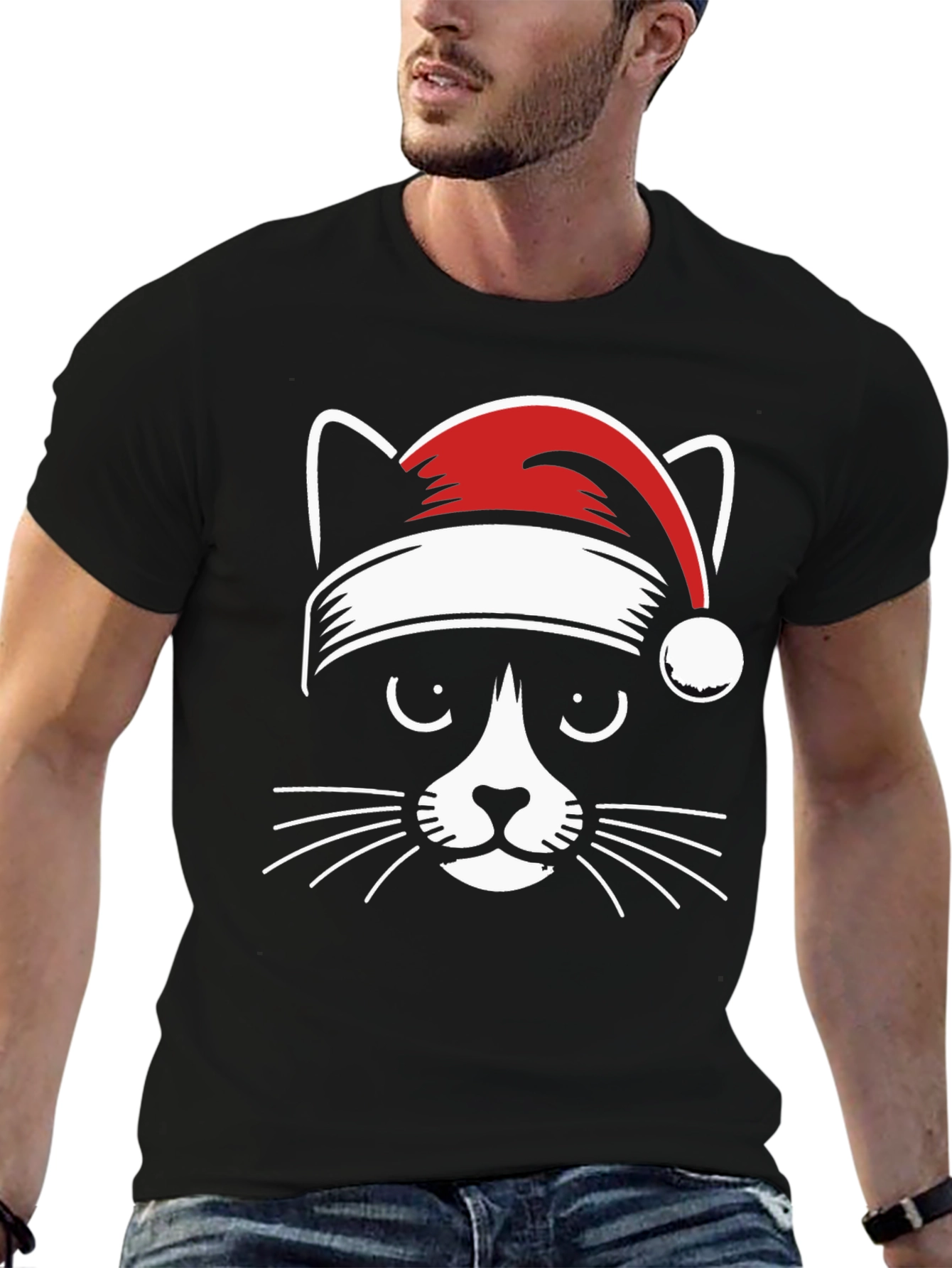 Festive Cat Tee - Santa Hat Graphic T-Shirt