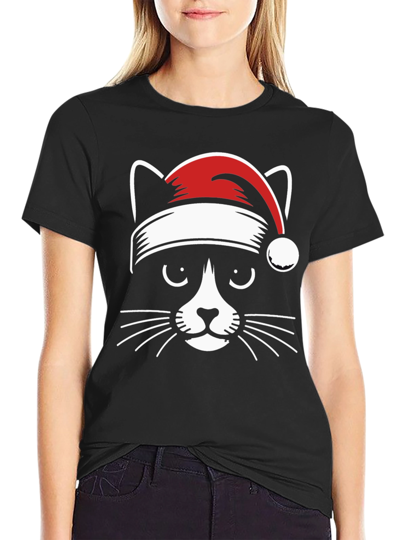 Festive Cat Tee - Santa Hat Graphic T-Shirt