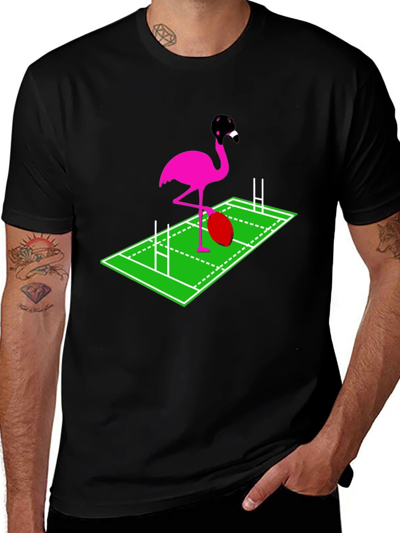 Rugby Flamingo Graphic Tee - Black Cotton T-Shirt