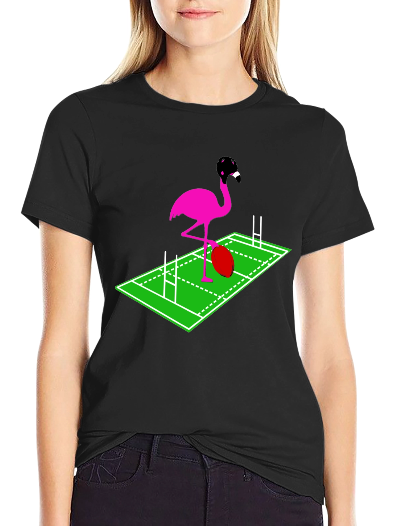 Rugby Flamingo Graphic Tee - Black Cotton T-Shirt