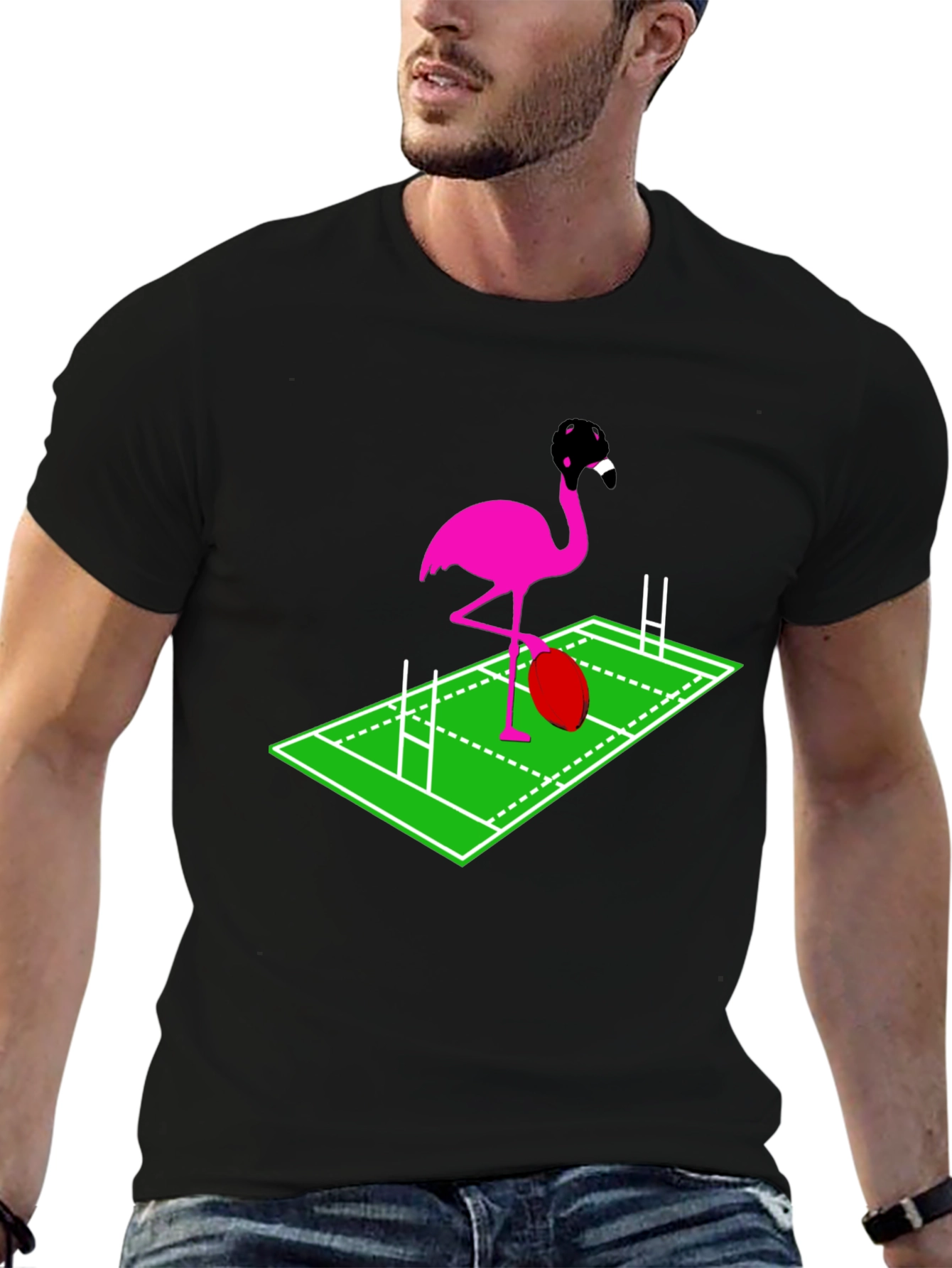 Rugby Flamingo Graphic Tee - Black Cotton T-Shirt