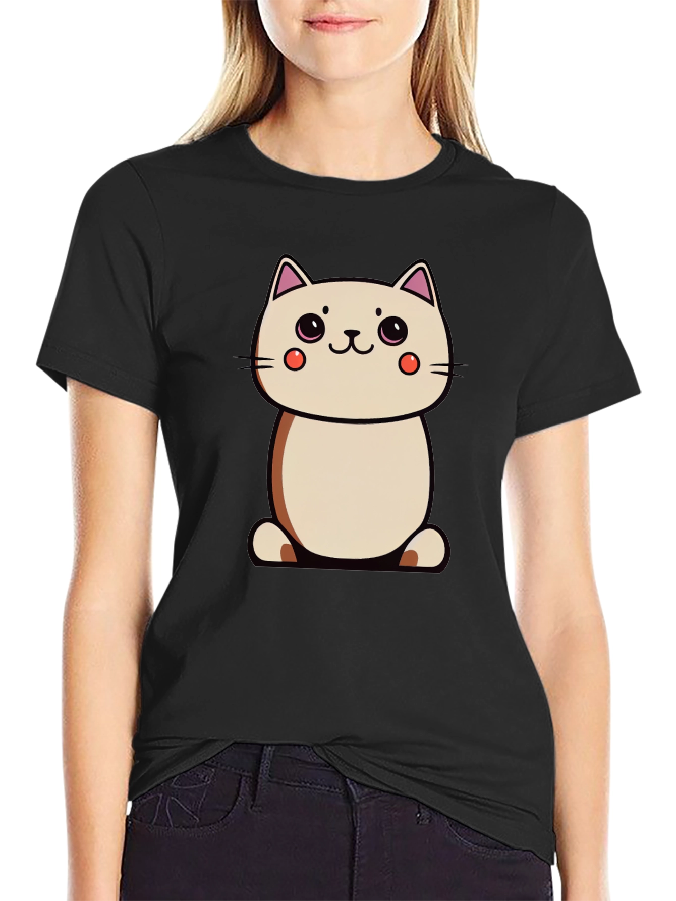 Cute Cartoon Cat Black T-Shirt