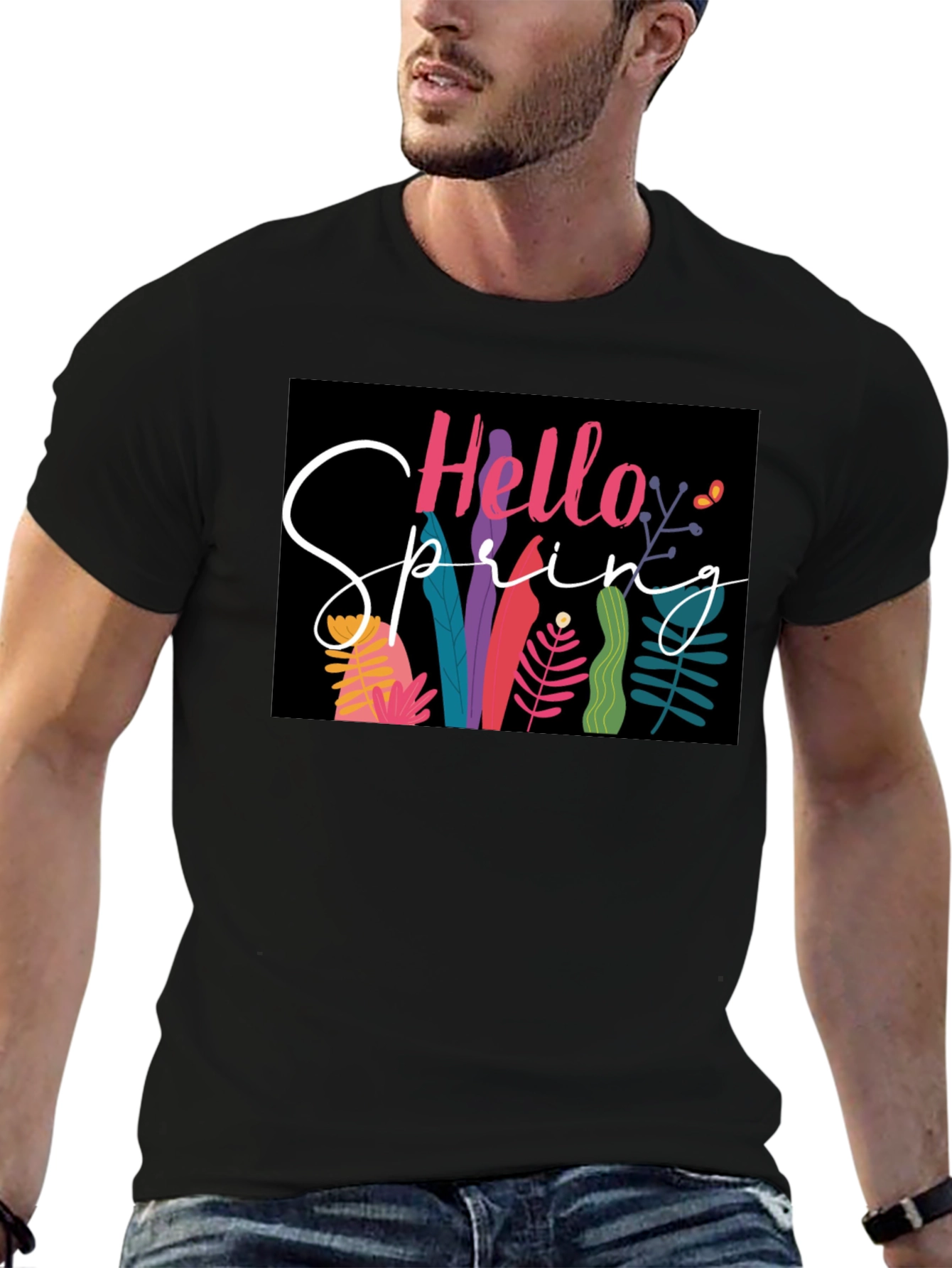 Hello Spring Graphic Tee - Black Cotton Casual