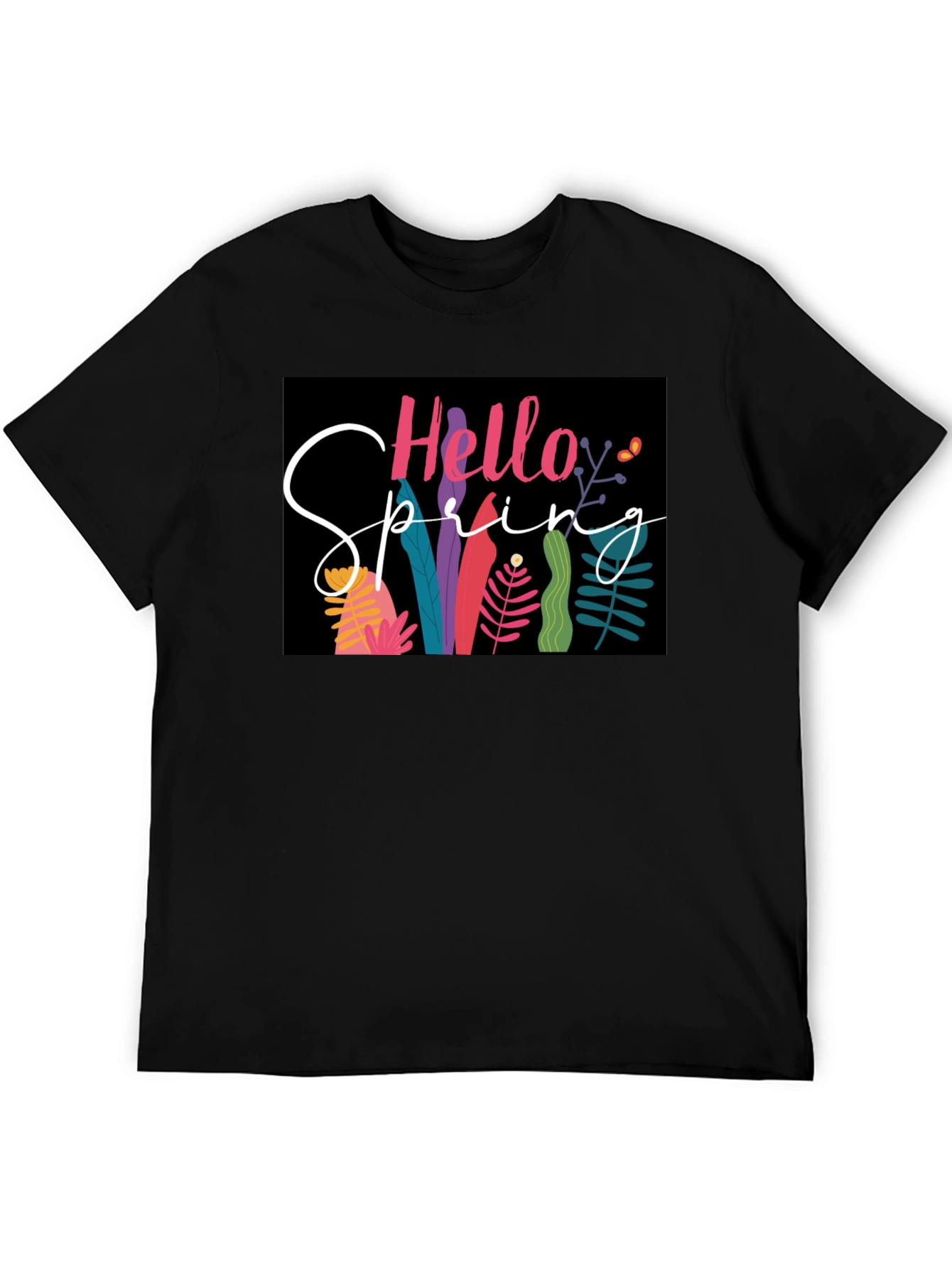 Hello Spring Graphic Tee - Black Cotton Casual