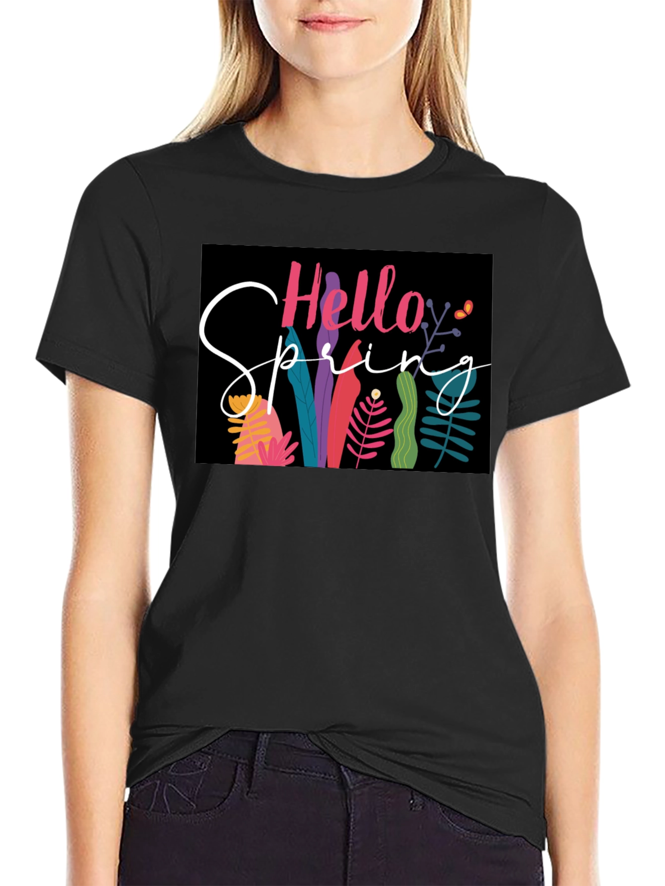 Hello Spring Graphic Tee - Black Cotton Casual