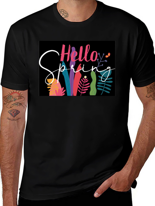 Hello Spring Graphic Tee - Black Cotton Casual
