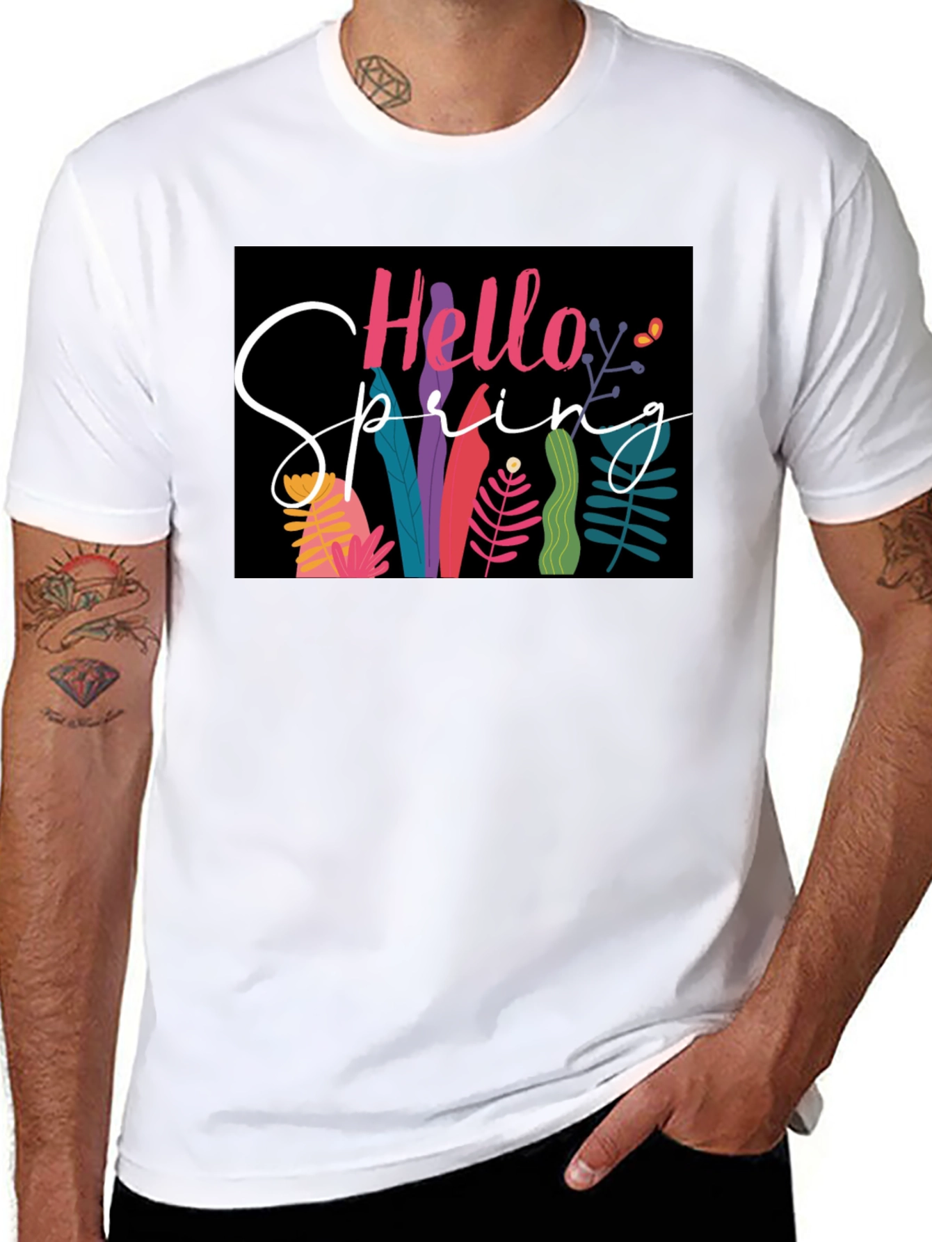 Hello Spring Graphic Tee - Black Cotton Casual
