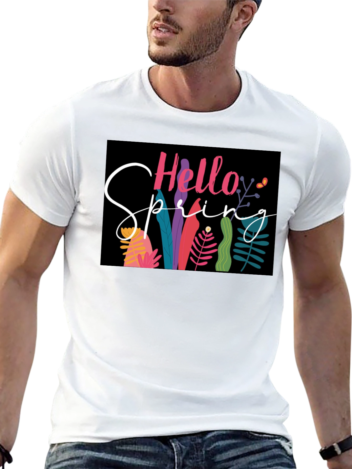 Hello Spring Graphic Tee - Black Cotton Casual