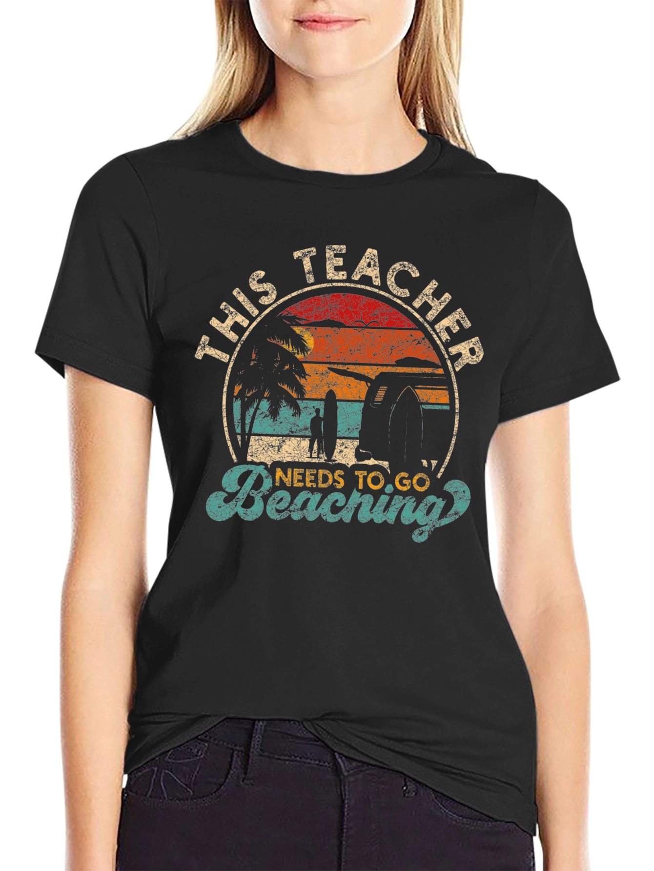 Teacher Beaching T-Shirt - Retro Sunset Vacation Tee
