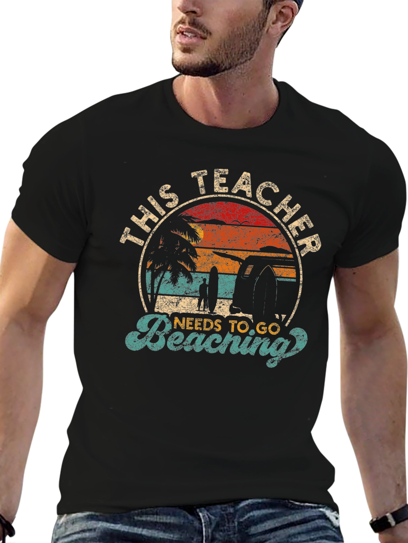 Teacher Beaching T-Shirt - Retro Sunset Vacation Tee