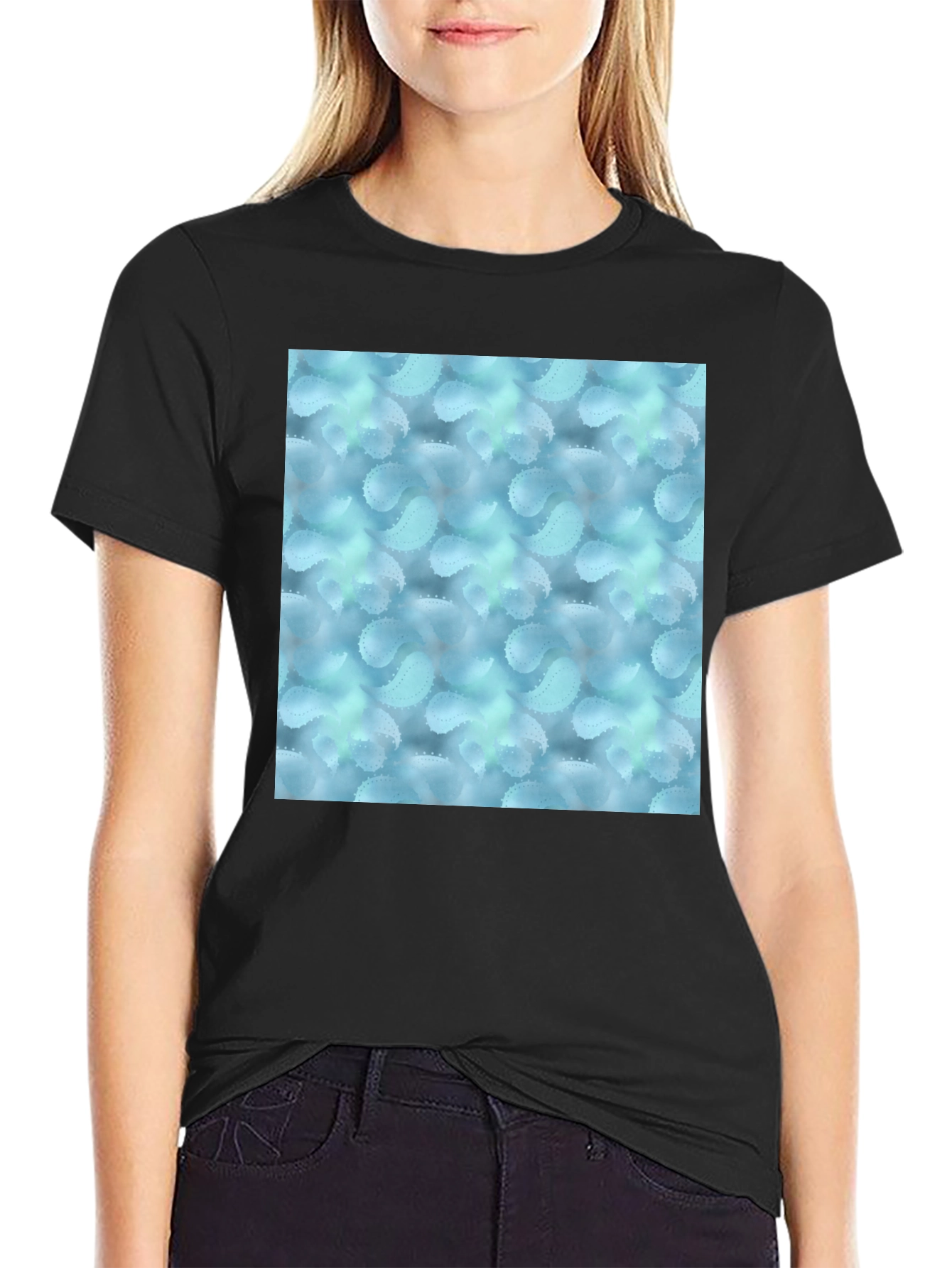 Stylish Black Tee with Abstract Blue Pattern