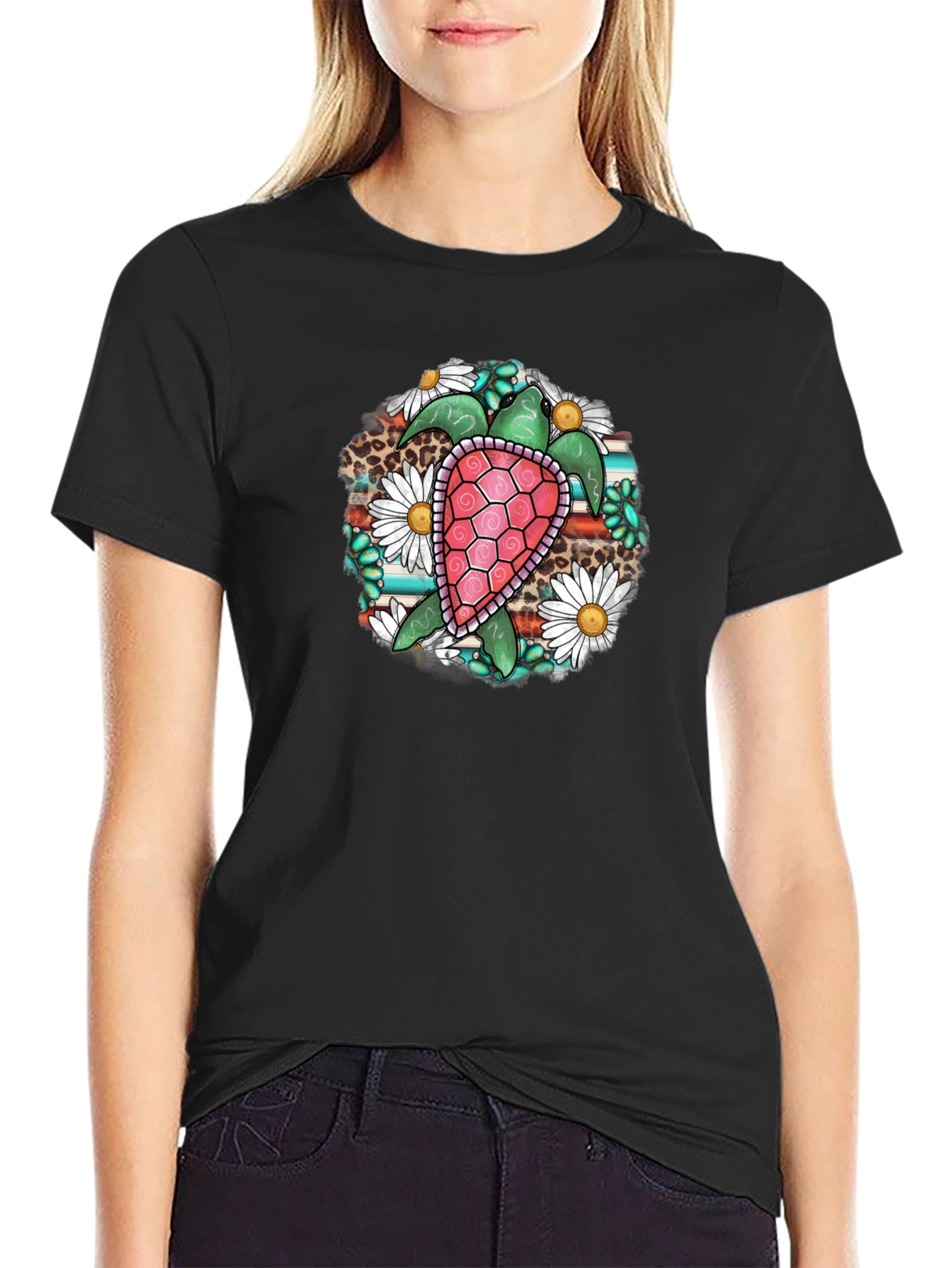 Turtle Floral Graphic Tee - Black