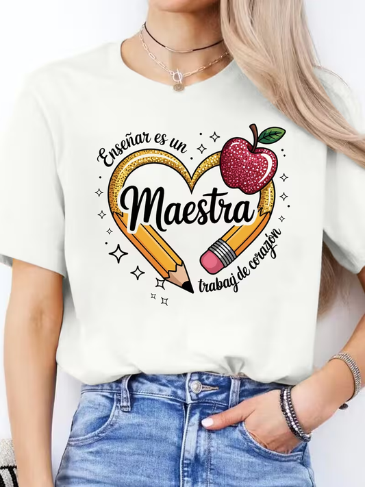 Women's Teacher-Themed Maestra Graphic T-Shirt, 1 pcs Heart Pencil & Glitter Apple Print 190g 100% Pure Cotton Casual T-Shirt