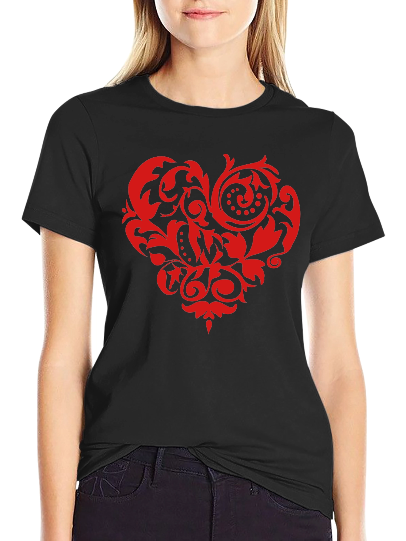 Stylish Black T-Shirt with Red Heart Design