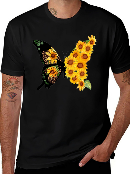 Sunflower Butterfly Print Black Tee