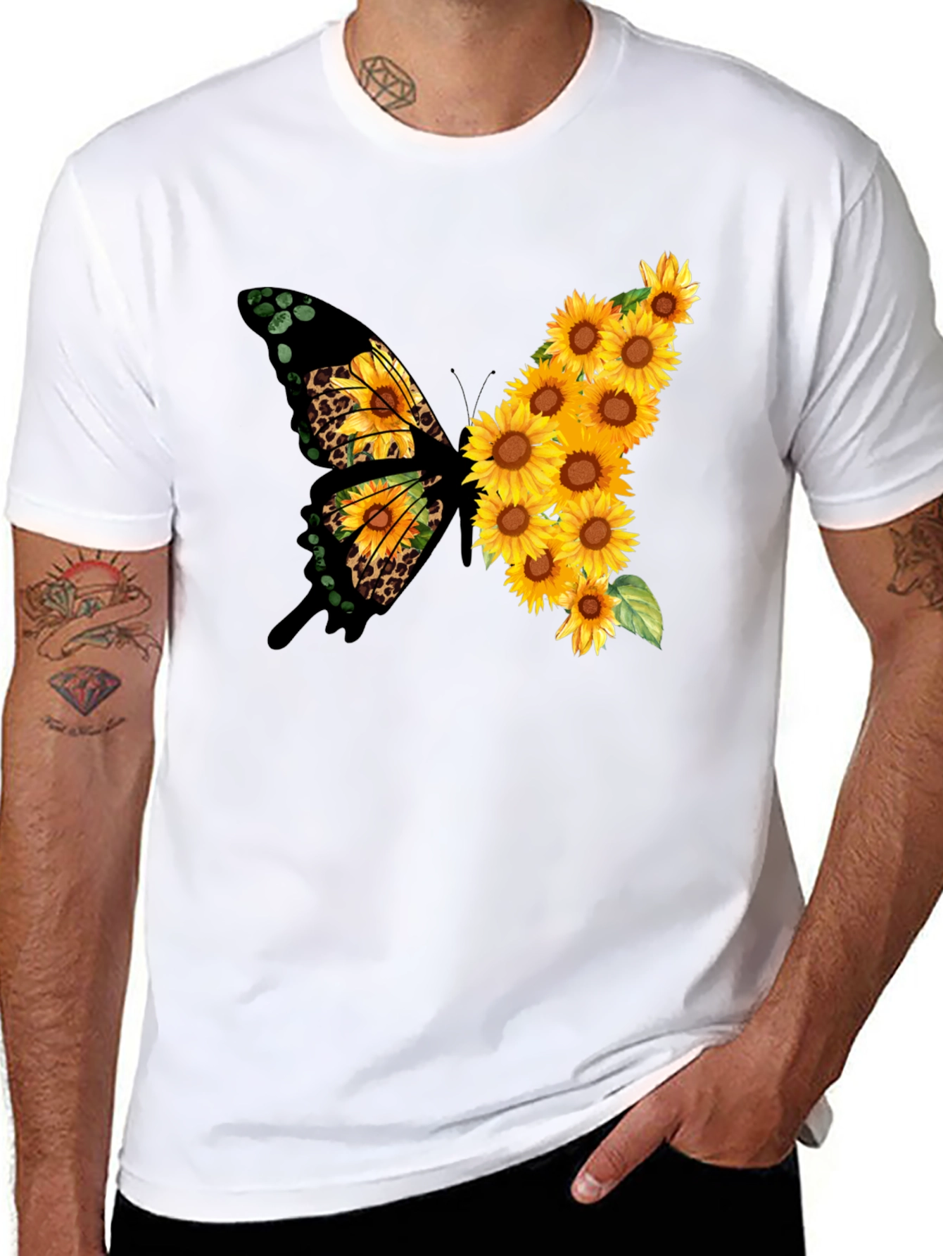 Sunflower Butterfly Print Black Tee