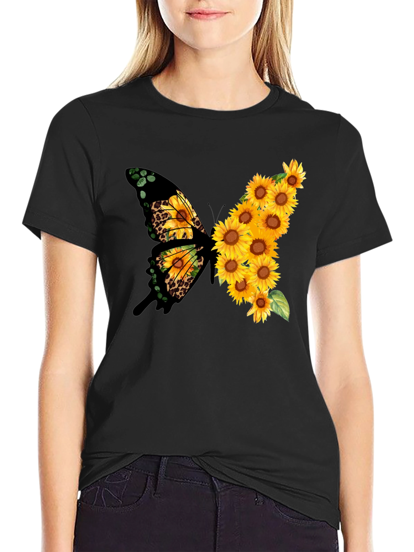 Sunflower Butterfly Print Black Tee