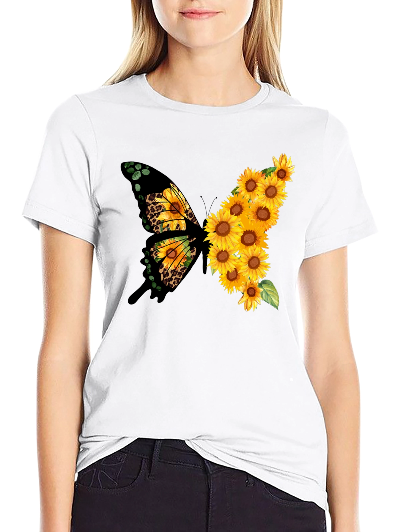 Sunflower Butterfly Print Black Tee