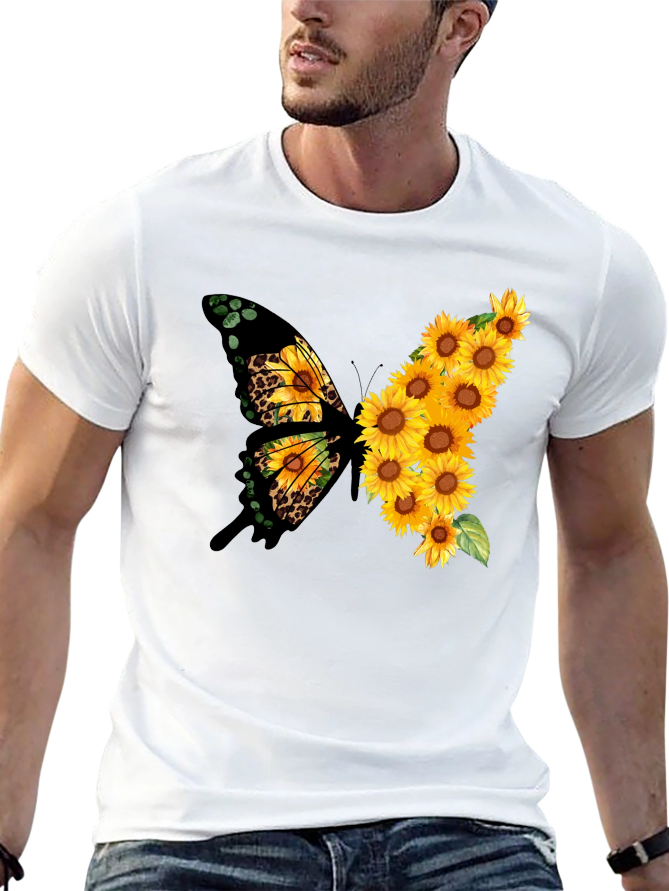 Sunflower Butterfly Print Black Tee