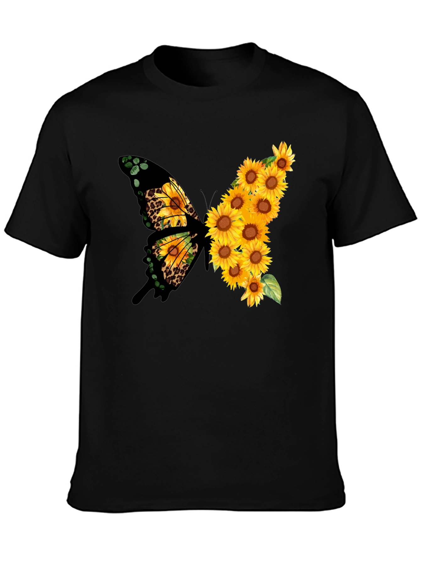 Sunflower Butterfly Print Black Tee
