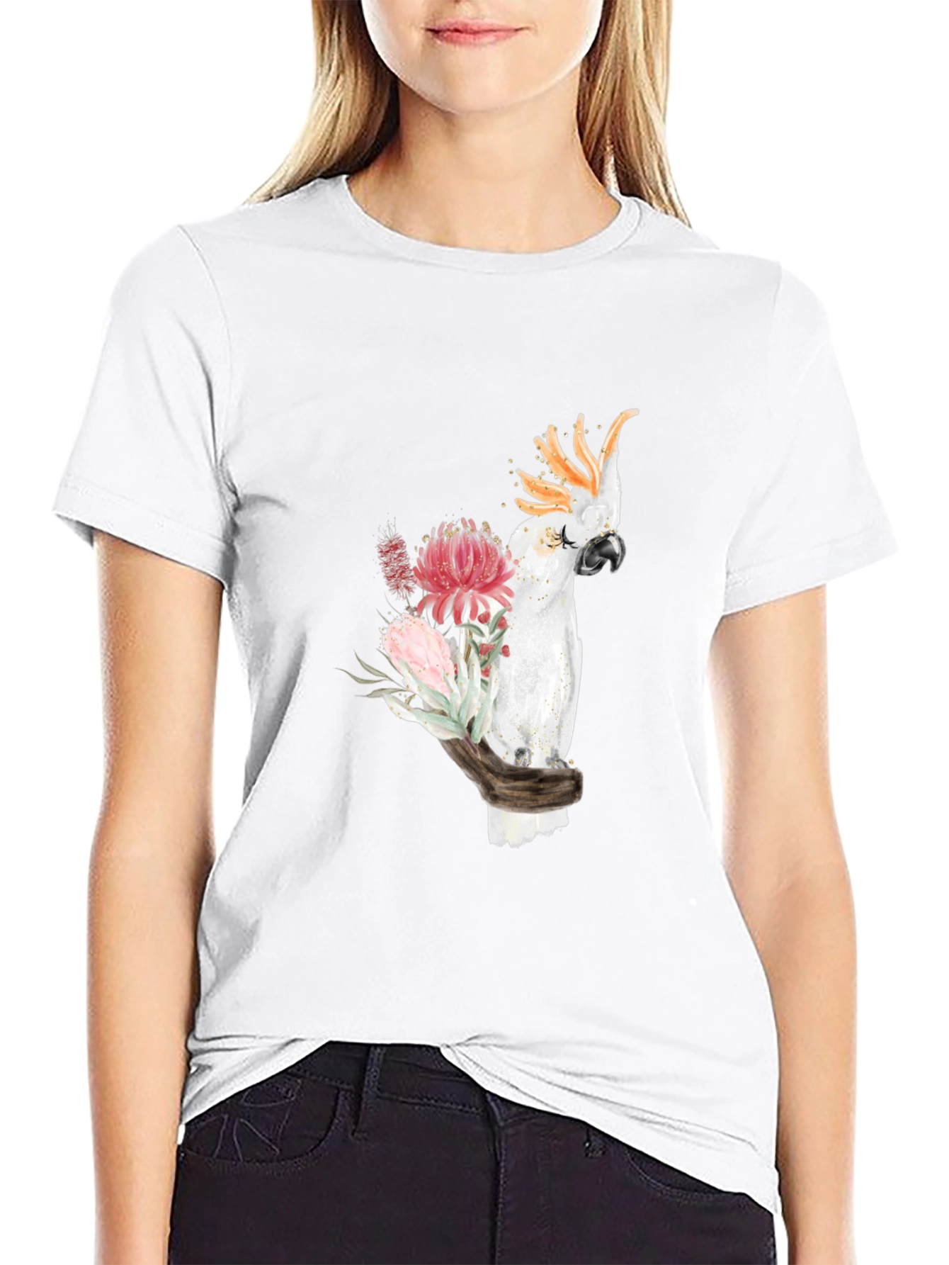 Cockatoo Floral Print T-Shirt - Black