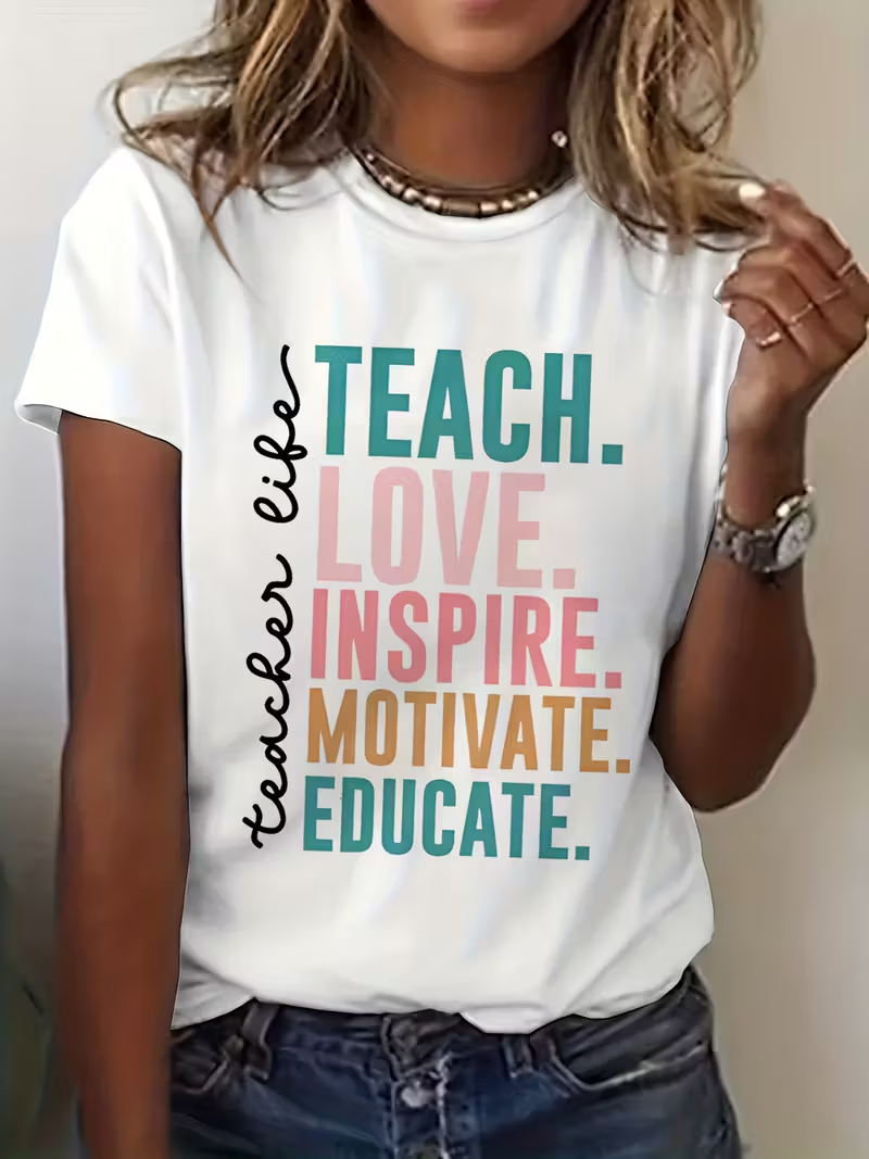 Women's Teacher Life "TEACH. LOVE. INSPIRE." Graphic Print T-Shirt, 1 pcs 190g 100% Pure Cotton Casual Short-Sleeve T-Shirt