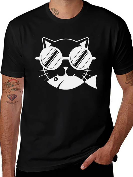 Cool Cat with Fish T-Shirt - Black
