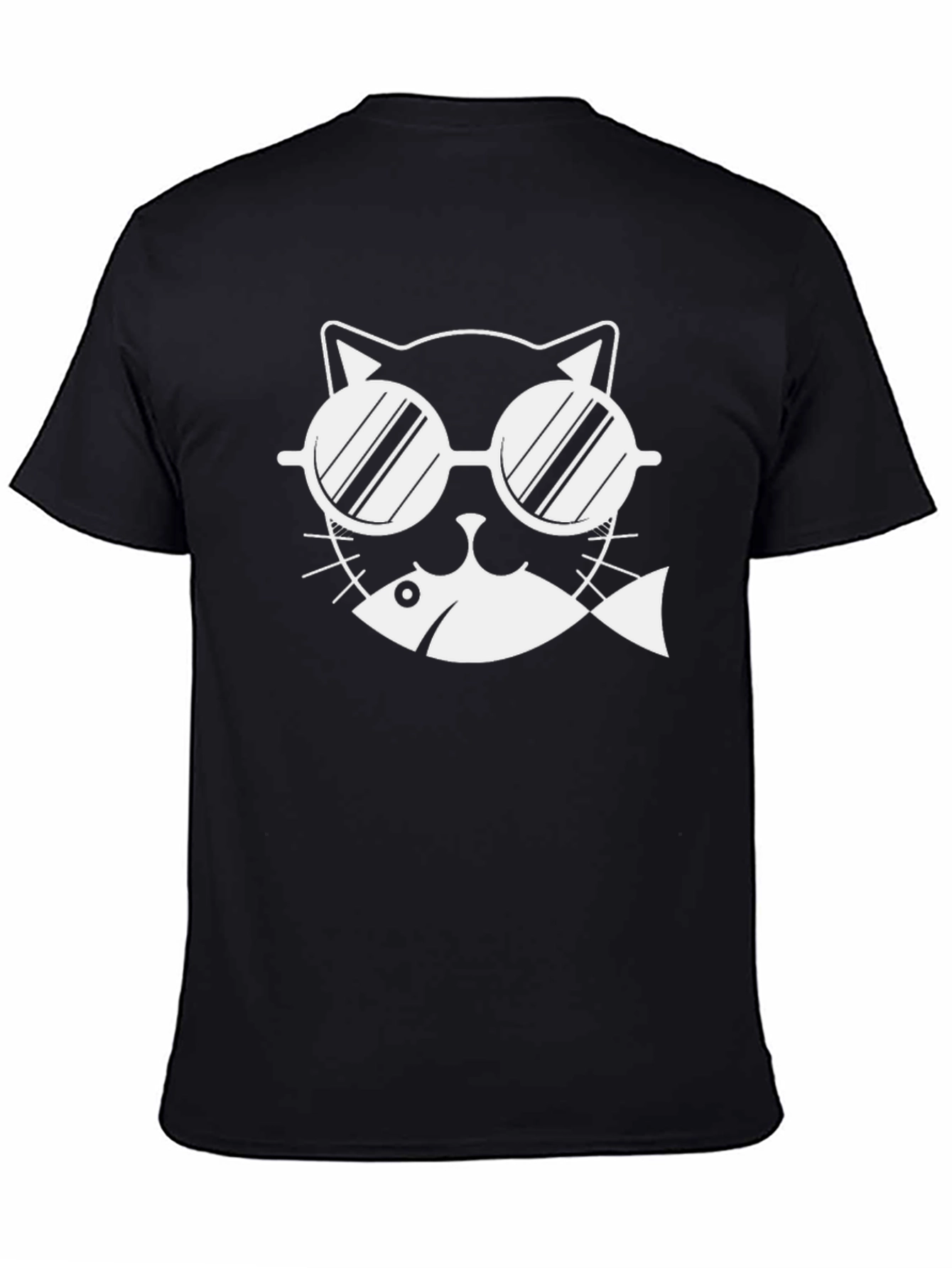 Cool Cat with Fish T-Shirt - Black