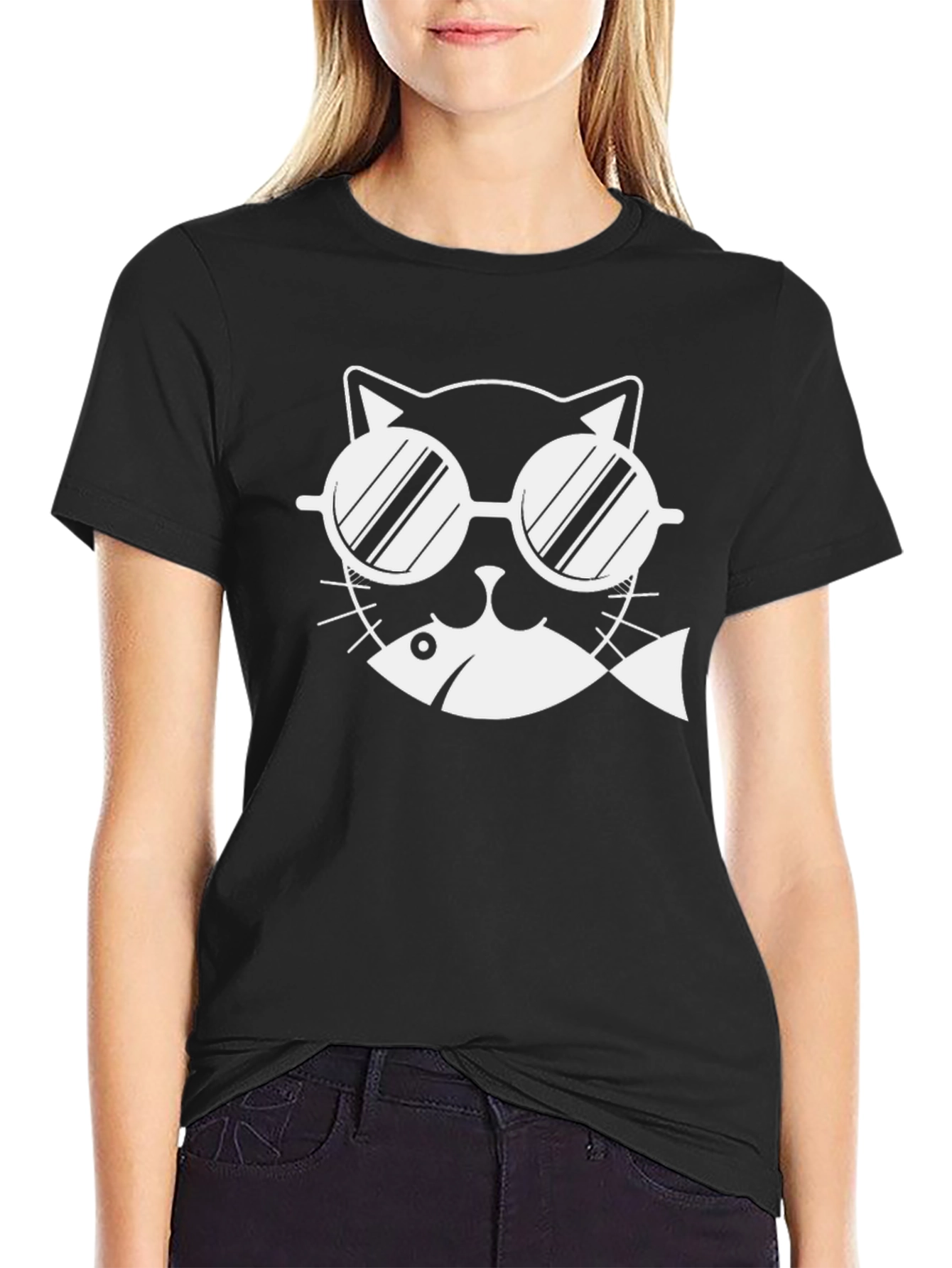 Cool Cat with Fish T-Shirt - Black