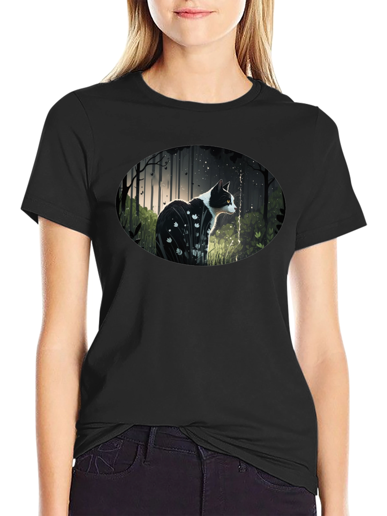 Cat in Forest Graphic T-Shirt