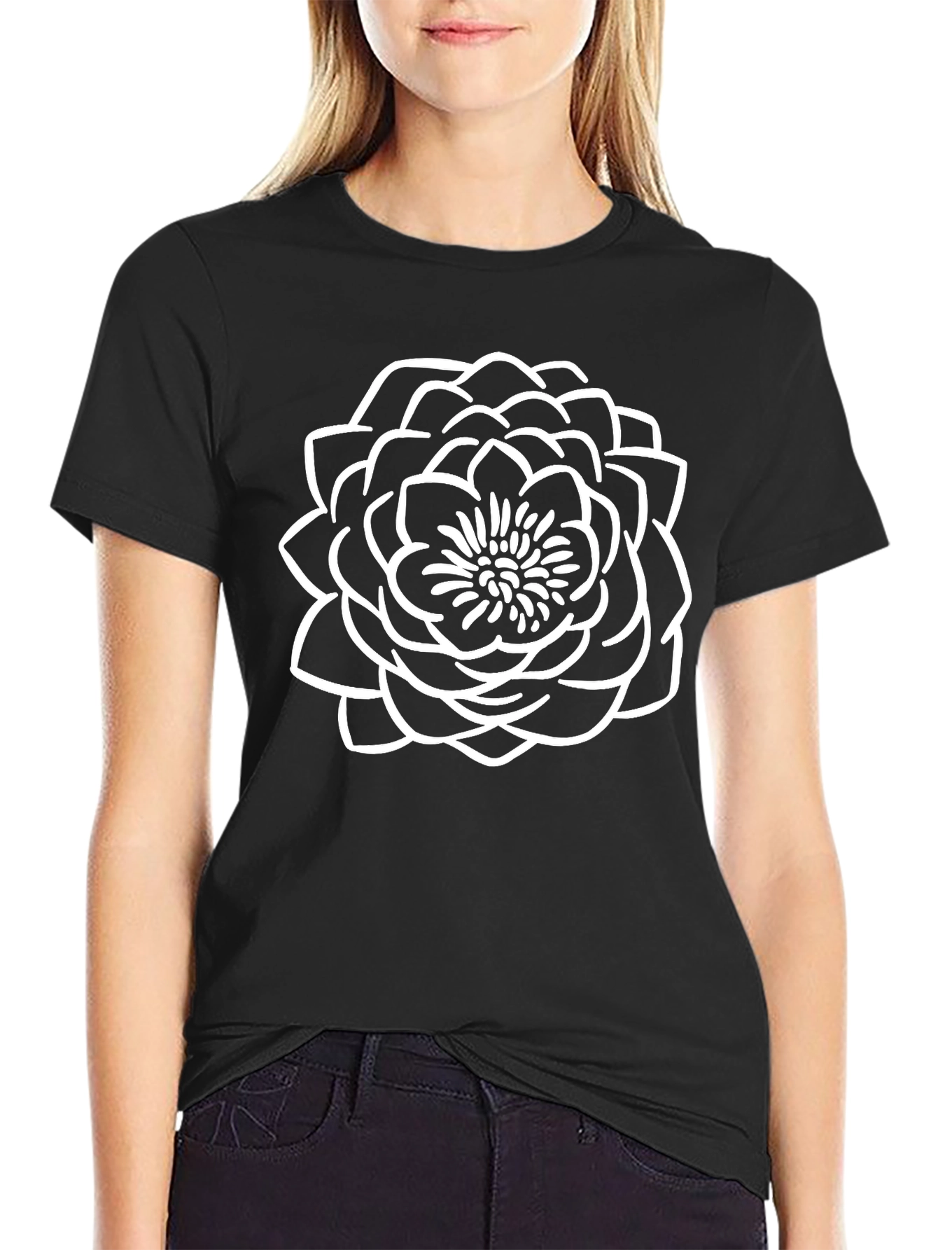 Black T-Shirt with White Floral Design