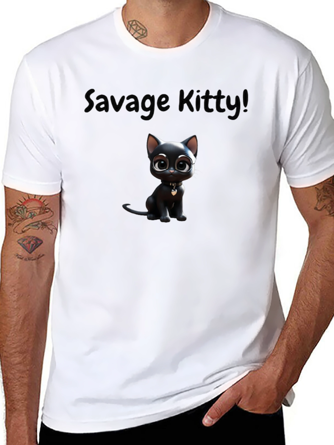 Savage Kitty Tee: Soft Black Cotton Cartoon Cat T-Shirt