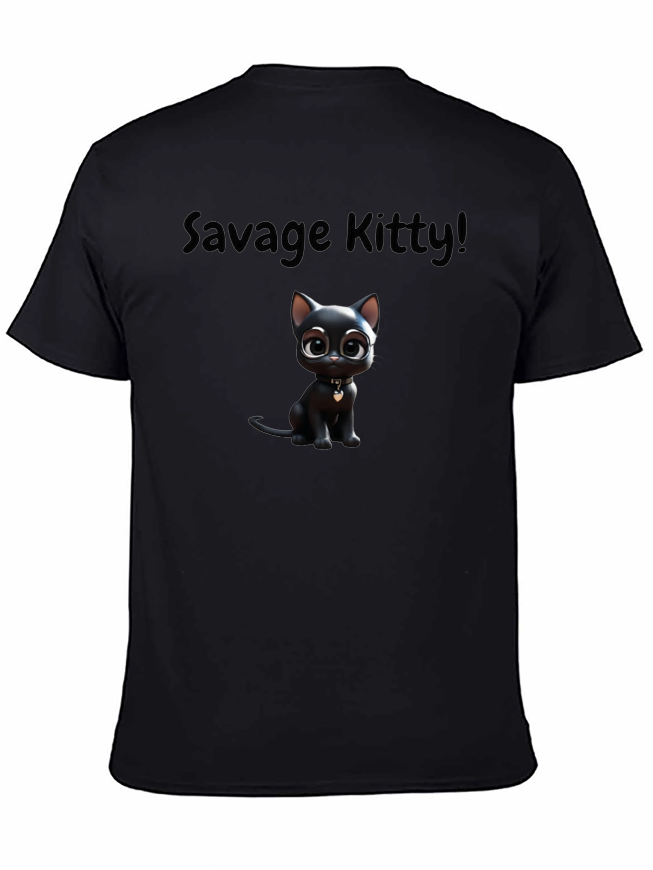 Savage Kitty Tee: Soft Black Cotton Cartoon Cat T-Shirt