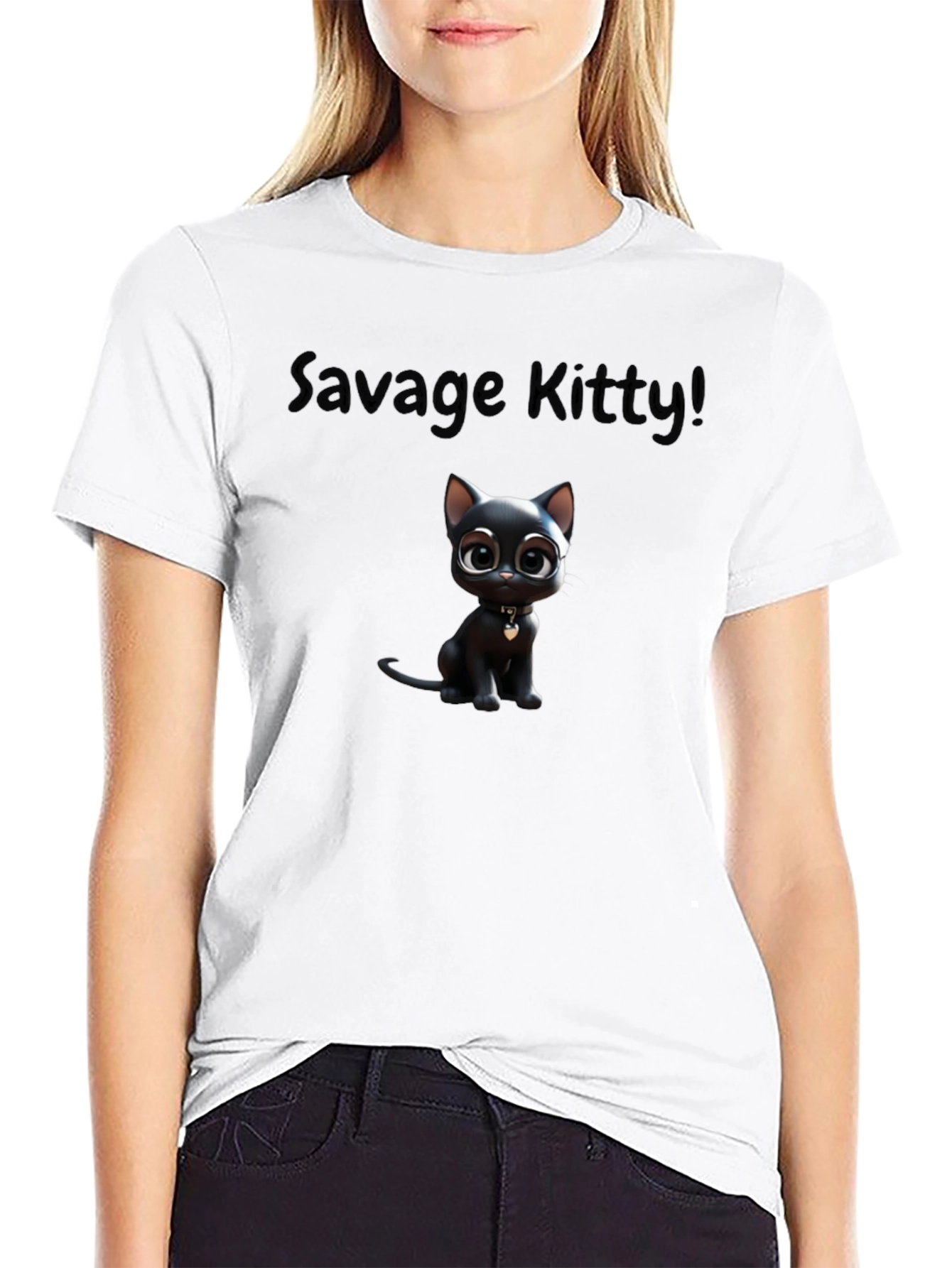 Savage Kitty Tee: Soft Black Cotton Cartoon Cat T-Shirt