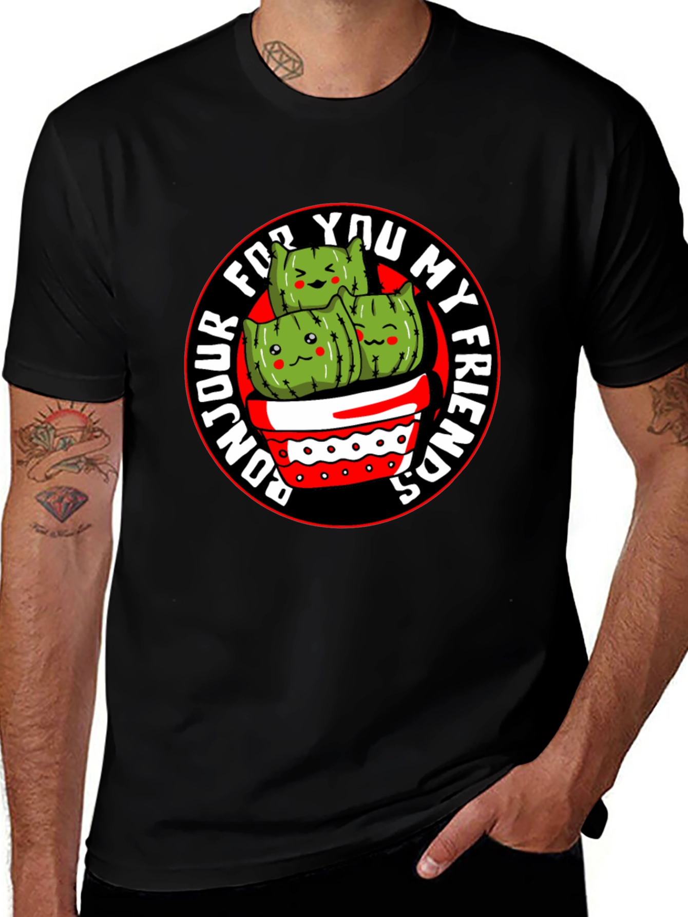 Bonjour My Friends Cactus Graphic Tee - Black