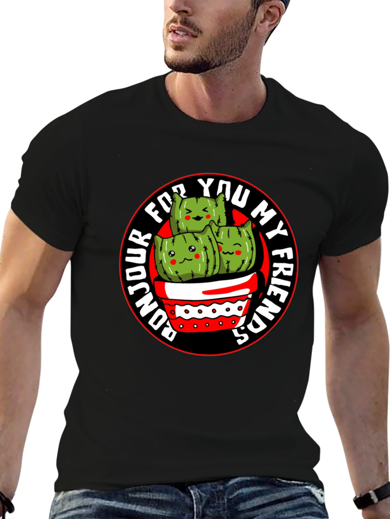 Bonjour My Friends Cactus Graphic Tee - Black