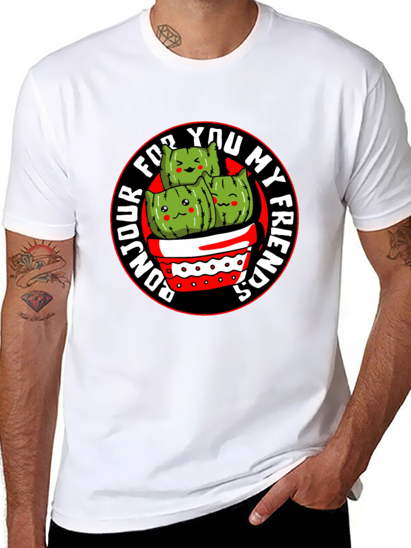 Bonjour My Friends Cactus Graphic Tee - Black