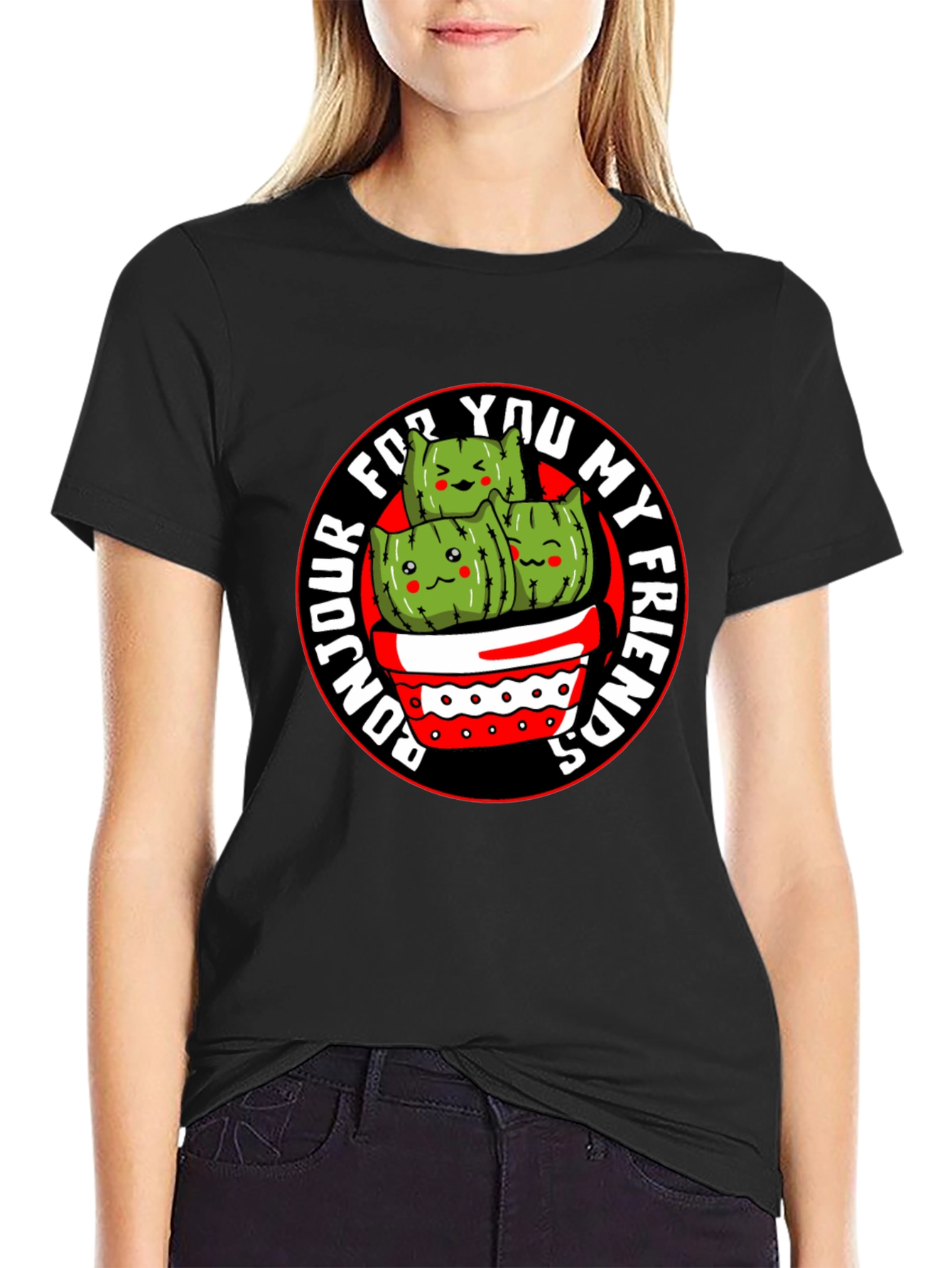 Bonjour My Friends Cactus Graphic Tee - Black