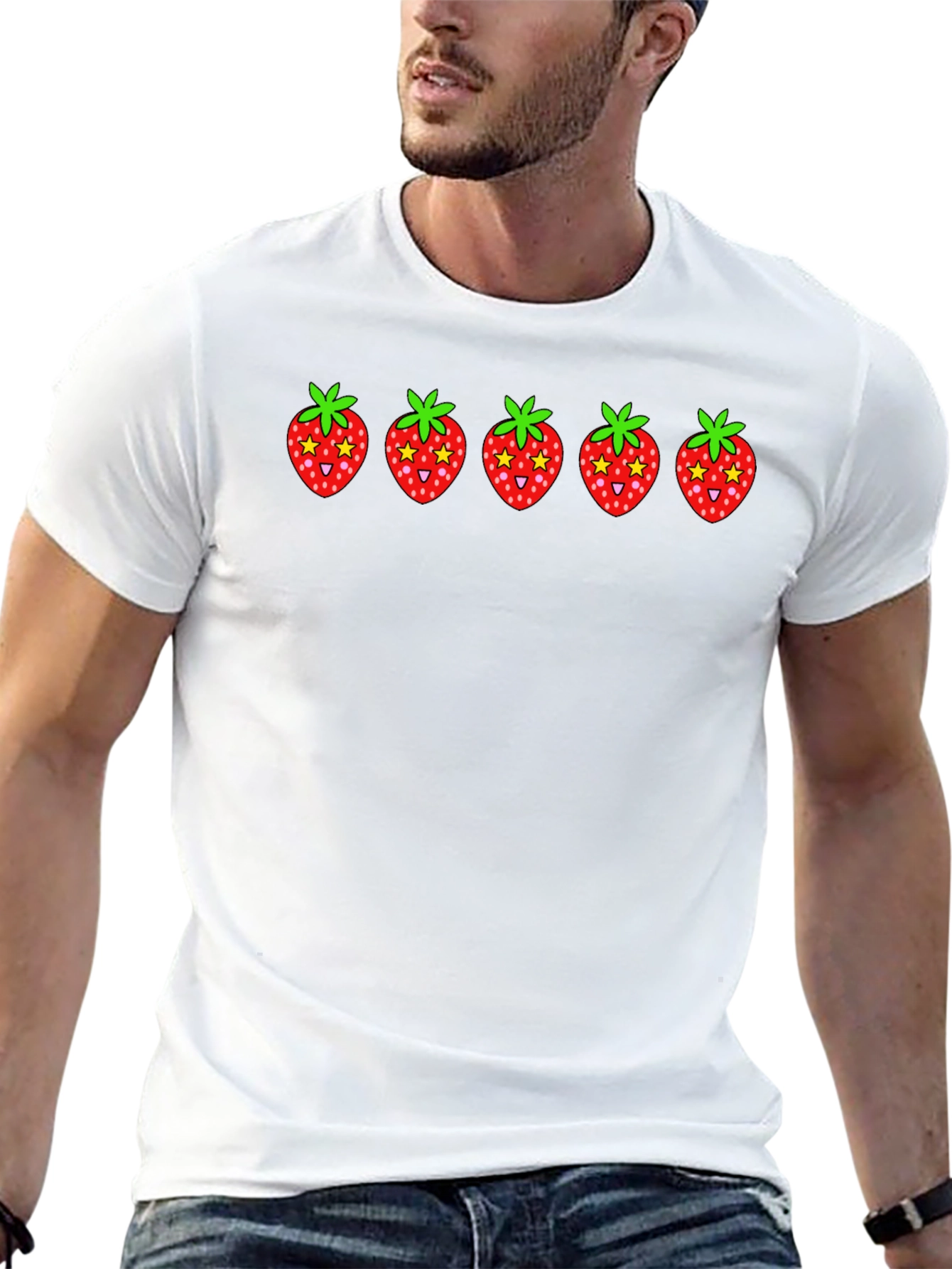 Strawberry Print Black Cotton T-Shirt