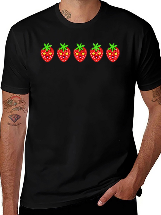 Strawberry Print Black Cotton T-Shirt