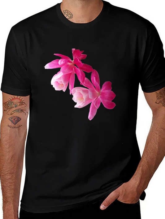 Floral Print T-Shirt - Pink Flowers on Black