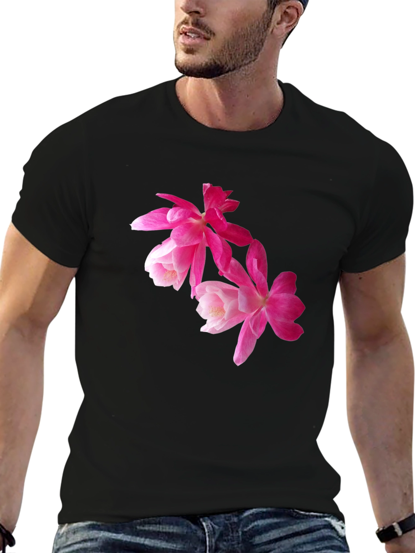Floral Print T-Shirt - Pink Flowers on Black