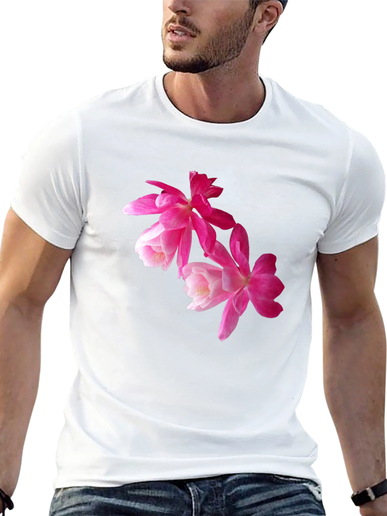 Floral Print T-Shirt - Pink Flowers on Black