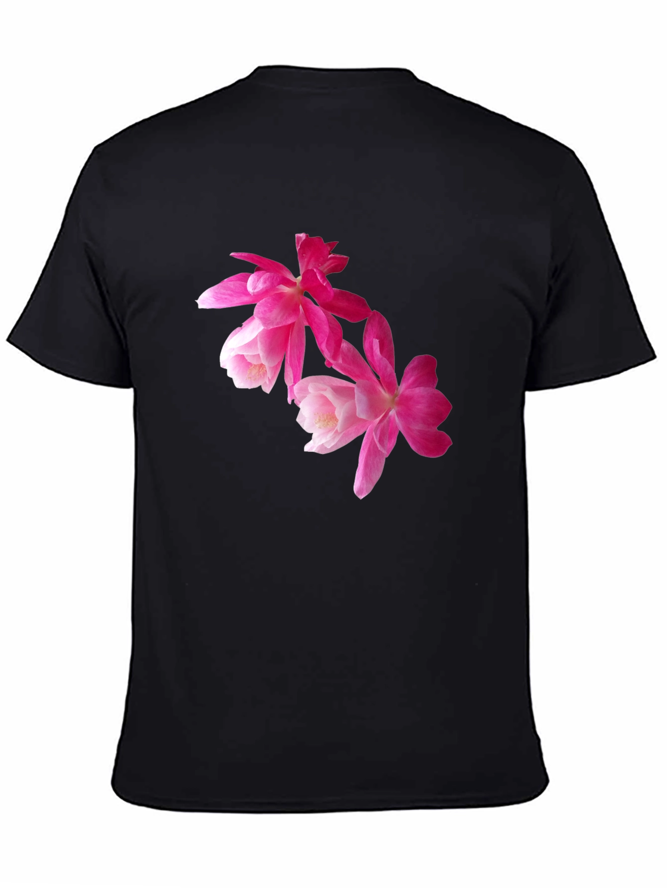 Floral Print T-Shirt - Pink Flowers on Black
