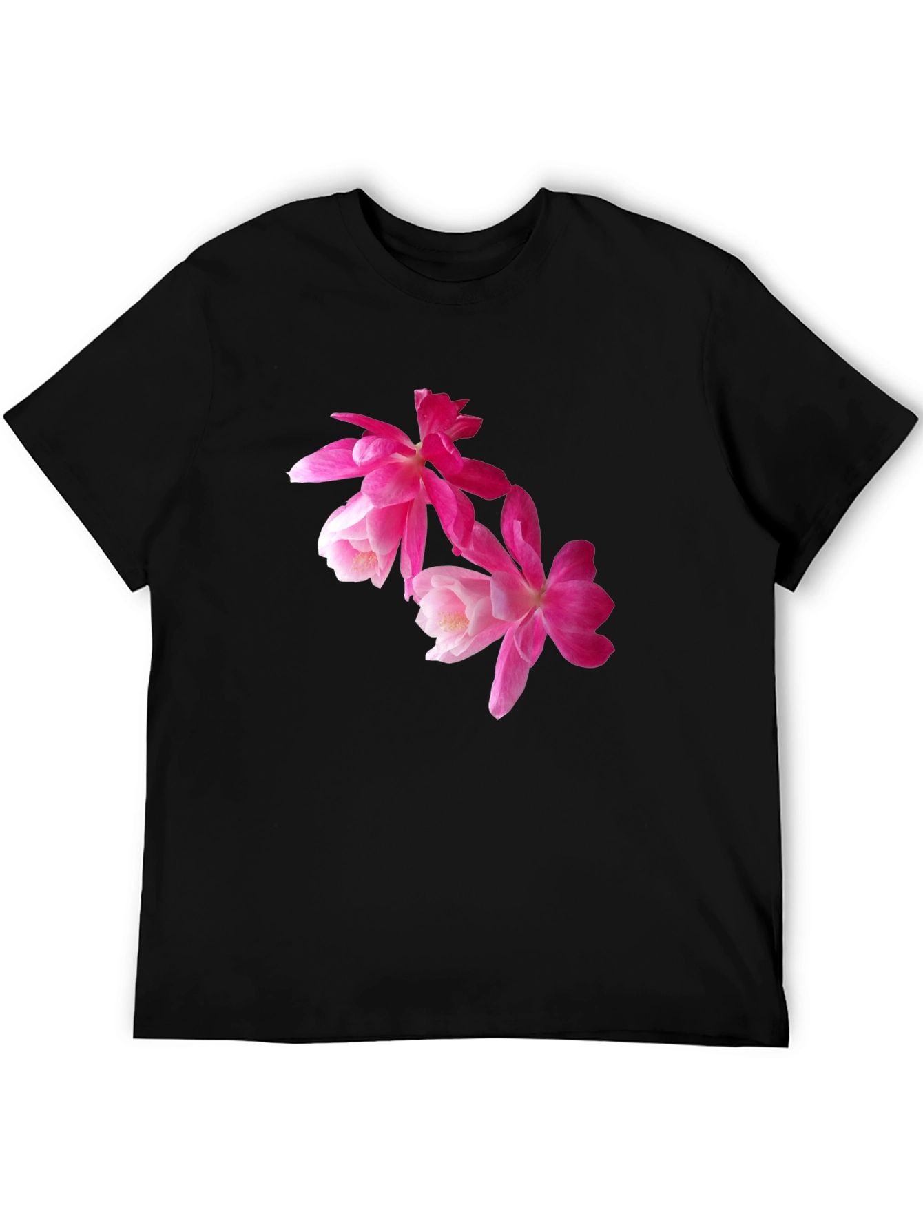 Floral Print T-Shirt - Pink Flowers on Black
