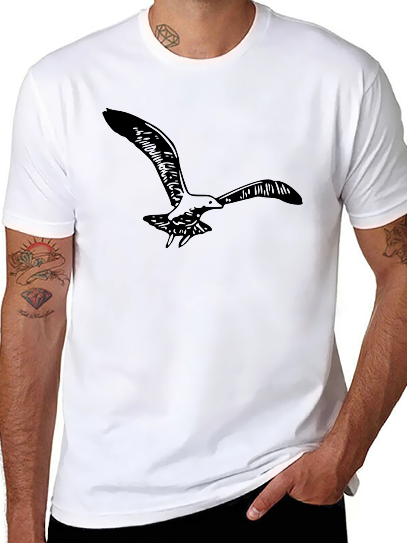 Black T-Shirt with Flying Seagull Design
