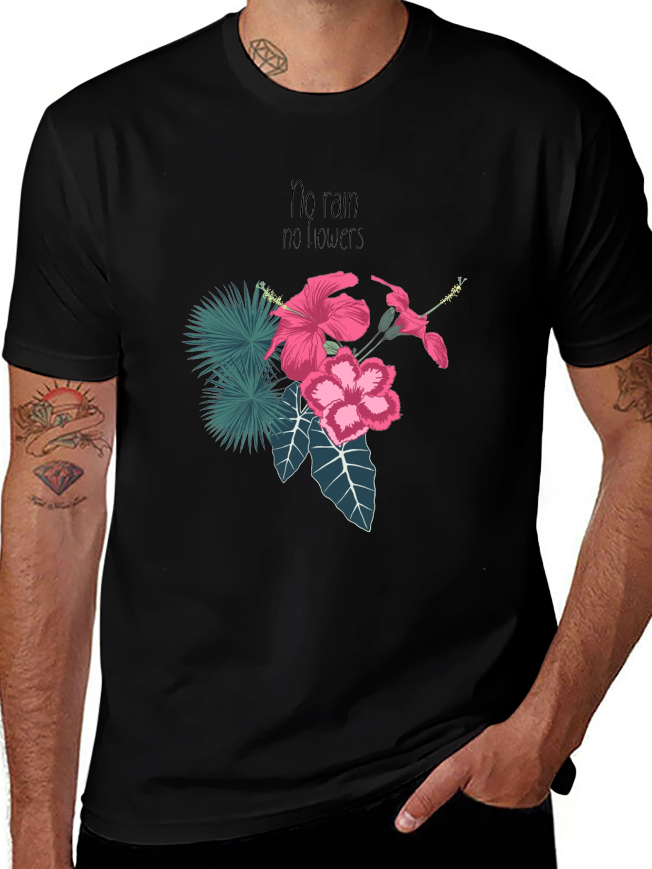 Black T-Shirt with Floral and Inspirational Print