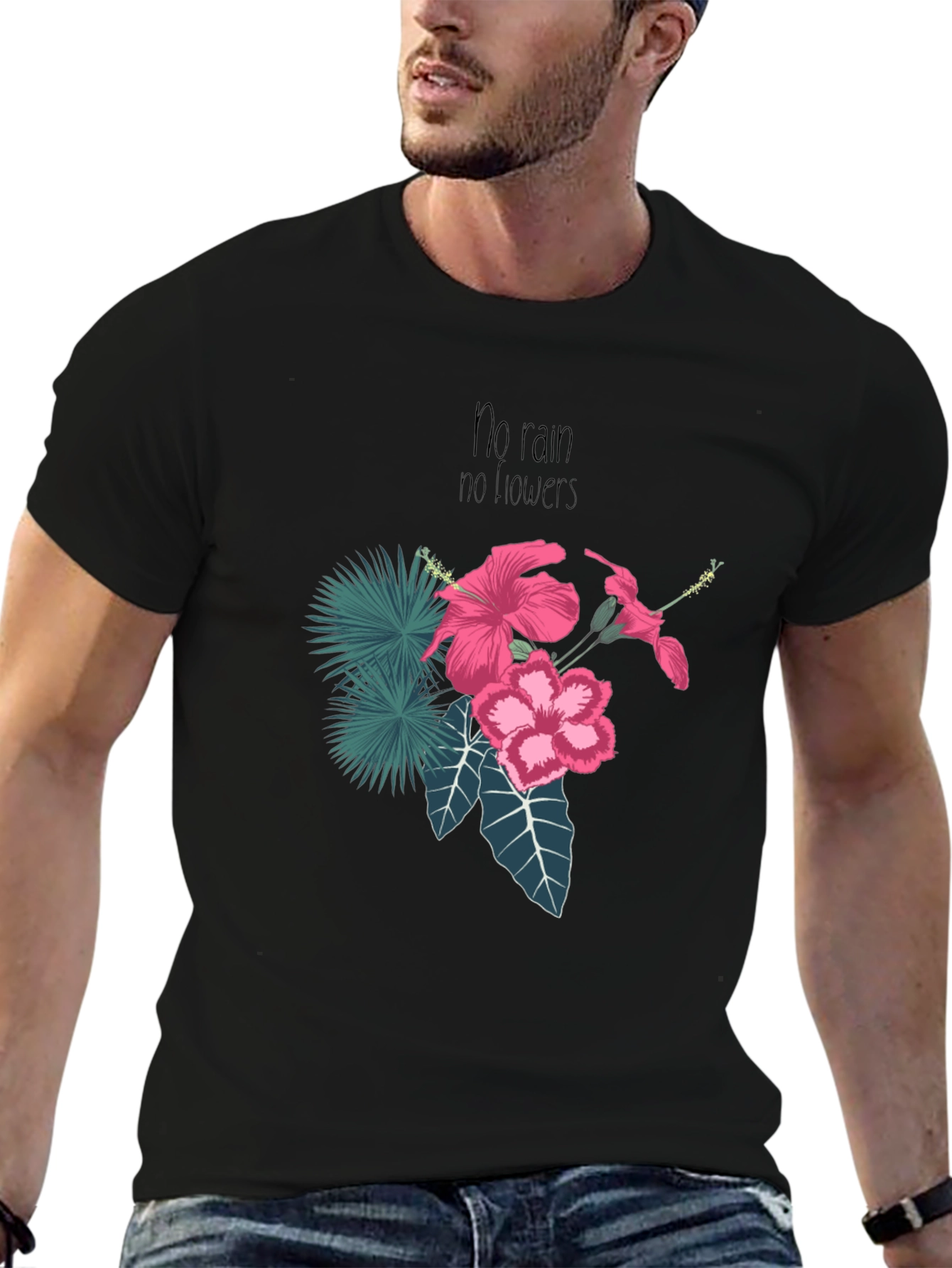 Black T-Shirt with Floral and Inspirational Print